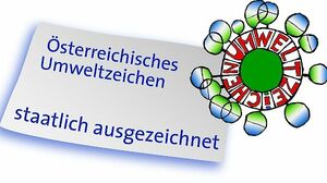 Logo"Österreichisches Umweltzeichen - staatlich ausgezeichnet" , unabhängiges Zertifizierungszeichen für umweltfreundlich gestaltete Produkte, Dienstleistungen und Organisationen