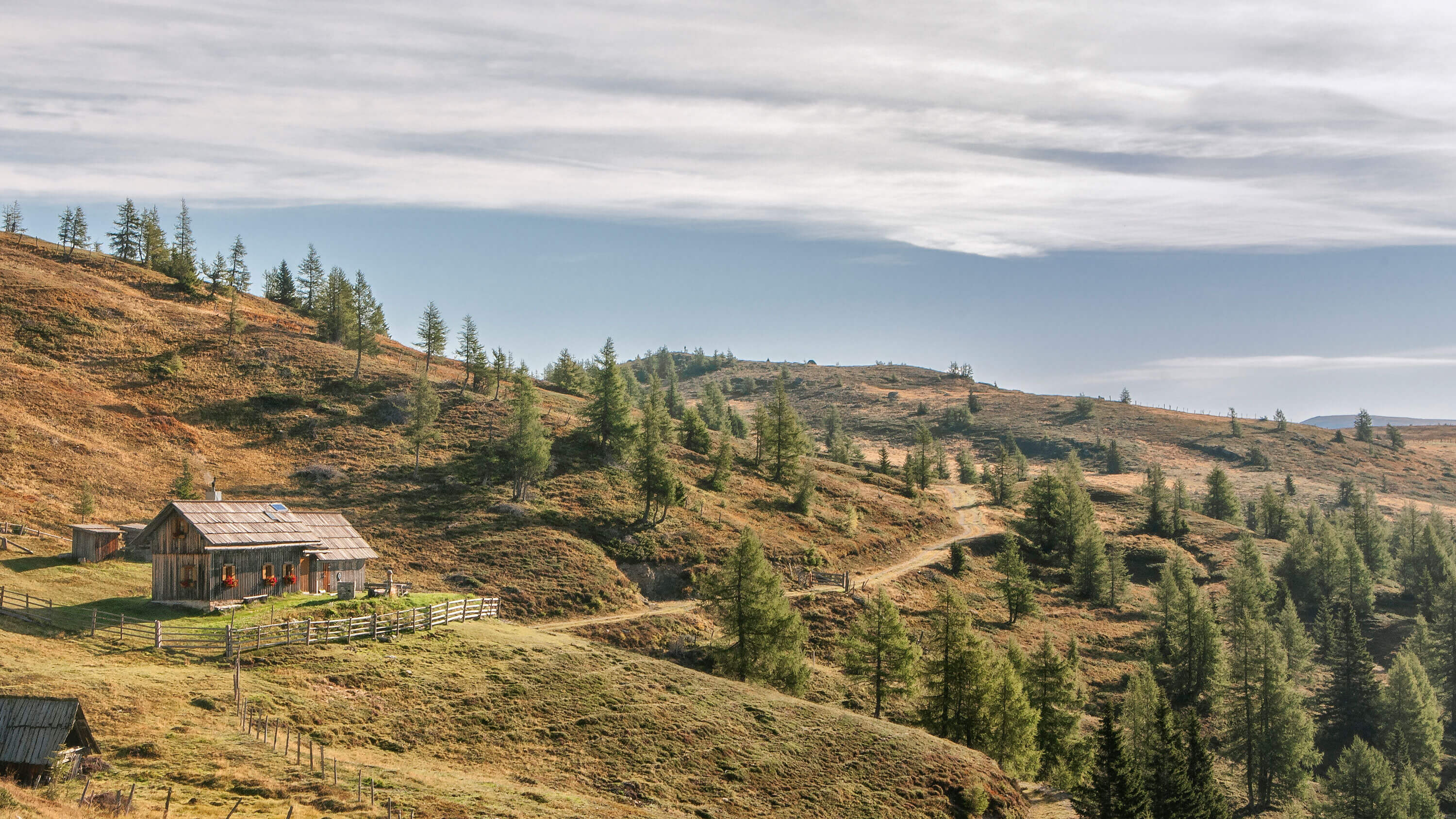 Bergwiese mit Almhütte im Herbst
